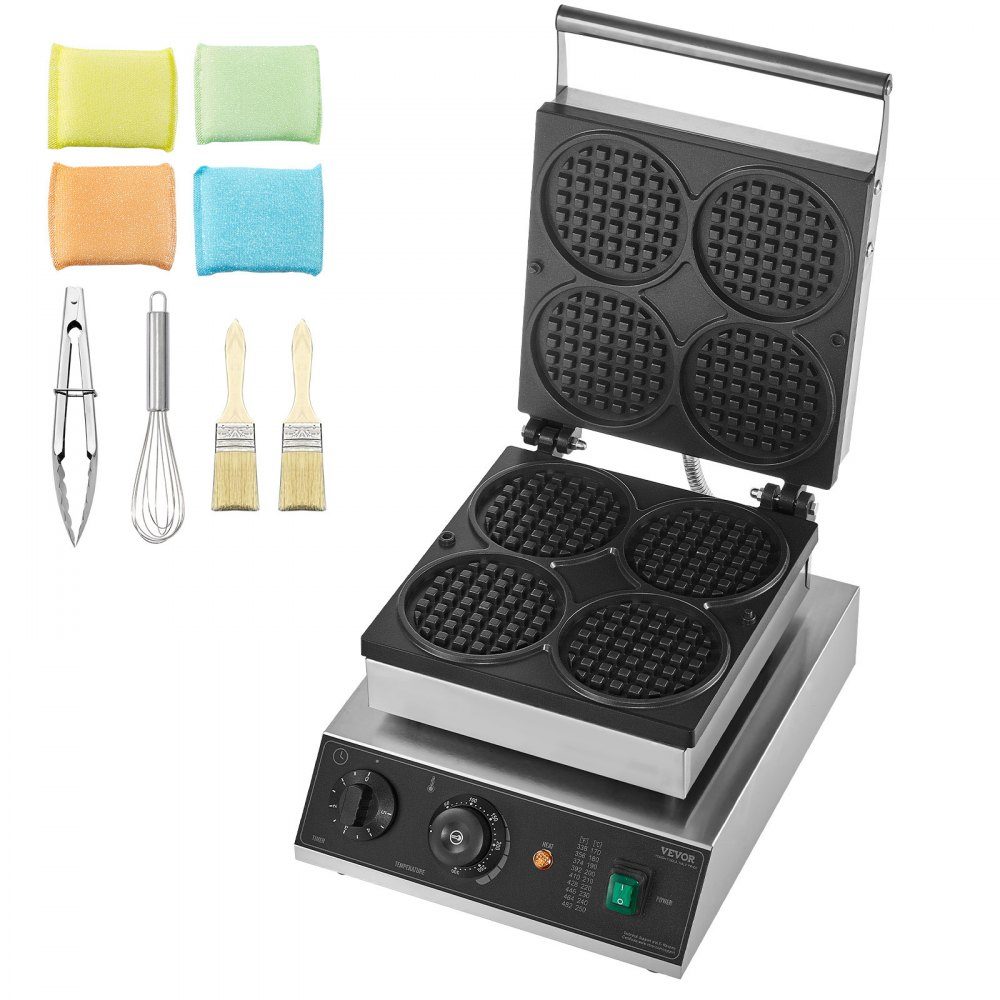 Commercial Waffle Maker Waffle Maker 1750W Non-Stick Stainless Steel Belgian Waffle Maker with Temperature and Time Control for Restaurant Bakery Snack Bar 4 Round Waffles
