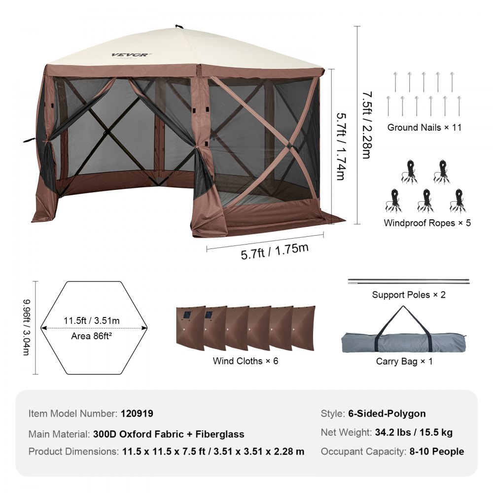 Tente tonnelle escamotable, tente escamotable avec auvent à 6 côtés, protection solaire avec 6 toiles coupe-vent amovibles et fenêtres grillagées, 3,5 x 3,5 m, tente à montage rapide avec moustiquaire, marron