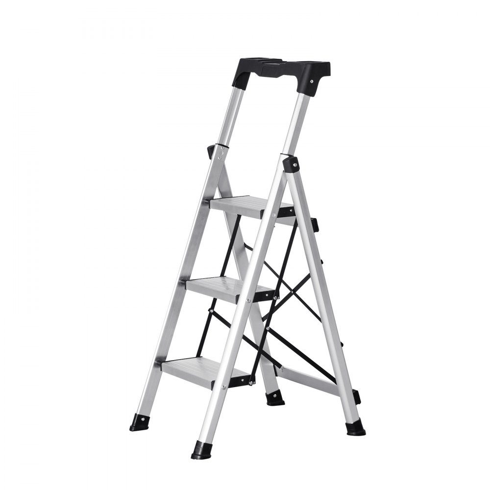 Trittleiter 3 Stufen, Klappleiter mit Anti-Rutsch-Stufen & komfortablem Griff, Haushaltsleiter Tragkraft 150 kg, Trittleiter aus Aluminium, Sicherheitsleiter für Küche, Lager, Haus & Büro