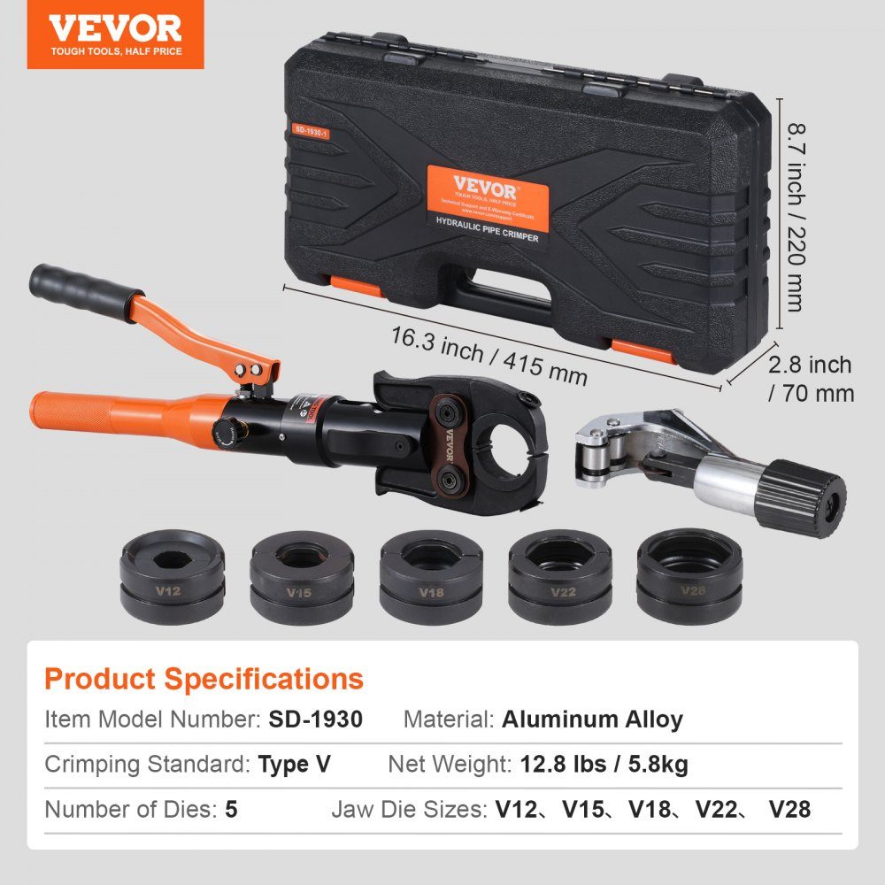 Hydraulic pipe crimping tool for copper pipe connections, pressing pliers with V12, V15, V18, V22, V28 quick-change jaws, 360° rotating press set for T-connections in tight spaces, hydraulically powered
