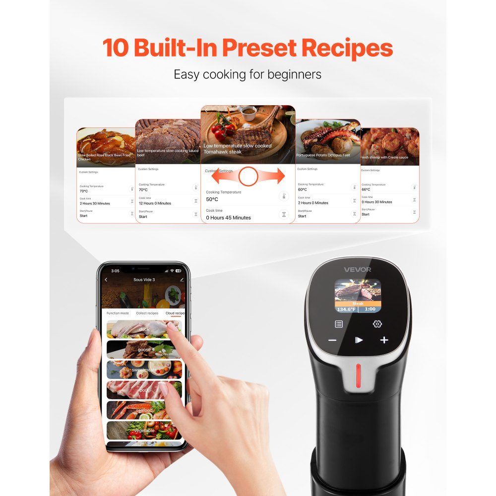 Sous Vide Stick, 1100W Sous Vide Cooker, WiFi Immersion Circulator with 10 Preset Recipes, LCD Touch Screen, Precision Cooker, Accurate Temperature and Timer, App Control