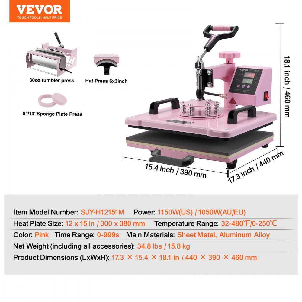Transferpresse, Transferpresse, 30 x 38 cm, 5-in-1-Tumblerpresse, T-Shirts, Rosa