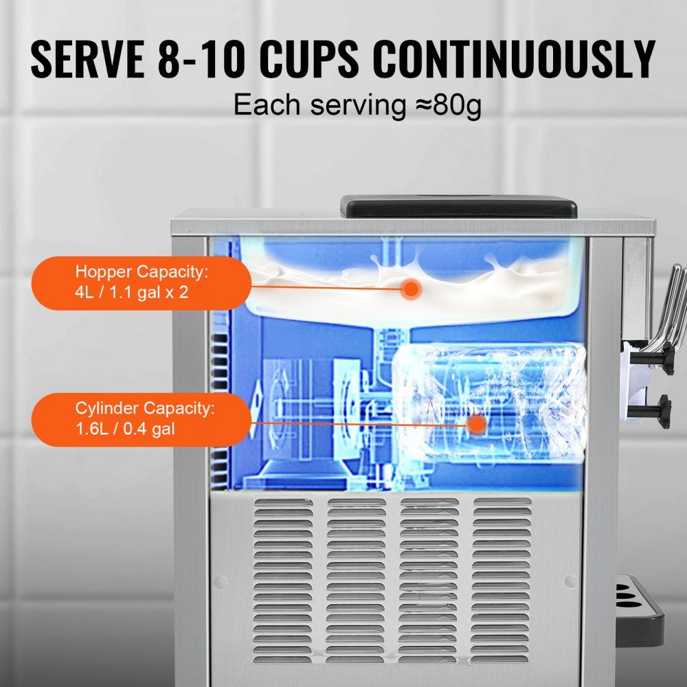 Commercial Ice Cream Maker, 1800W, 3 Flavors, Countertop Soft Ice Cream Machine, 2 x 4L Hopper, 2 x 1.8L Cylinder, LCD Screen, Auto Cleaning, Pre-Cooling