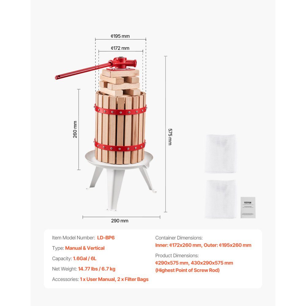 Presse-agrumes à fruits, broyeur de fruits (6L), avec panier en bois massif avec 8 blocs, presse-agrumes manuel robuste, presse-cidre, presse-pommes, presse-raisin, presse-huile d'olive avec poignée, presse-agrumes pour la cuisine