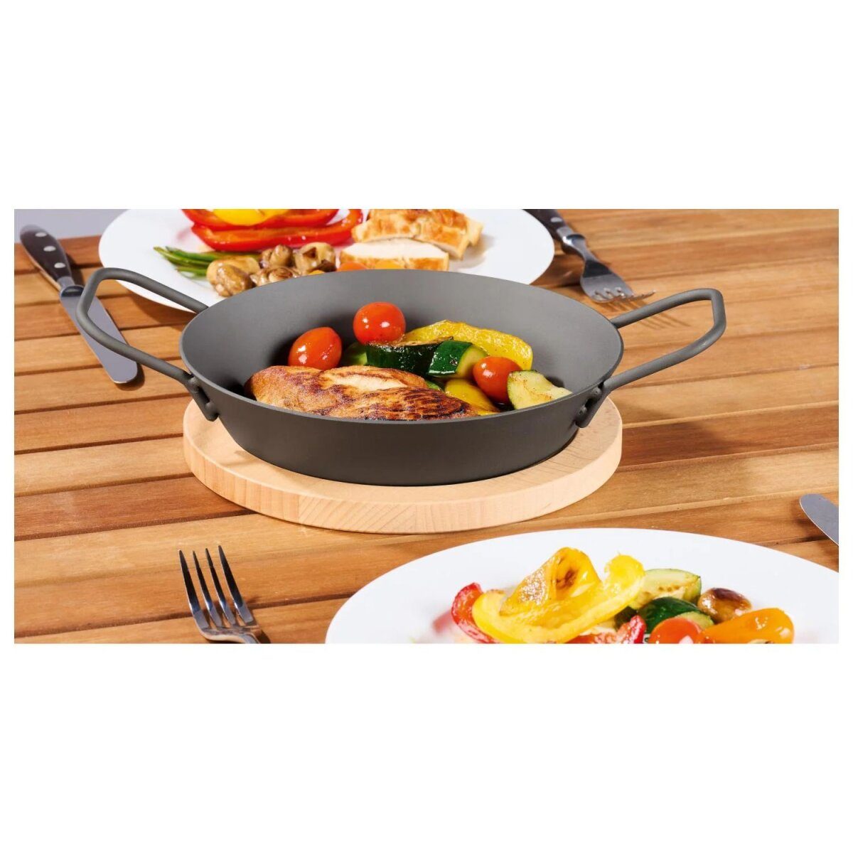 GRILLMEISTER Ø 32 Eisen-Grillpfanne / Ø 28,5 Eisen-Grillpfanne mit gelochtem Boden / Ø 20 Eisen-Grillpfanne mit Servierbrett (Eisenpfanne 20 cm)