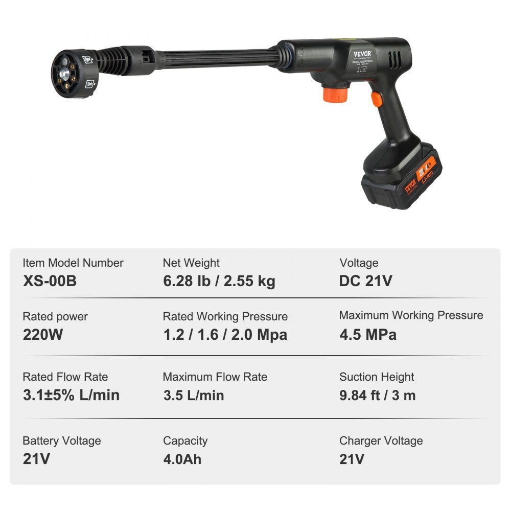 Akku-Hochdruckreiniger Bürstenloser Wasserdruckreiniger Spritzpistole Hochdruckreinigerpistole (21 V, 50 bar, für mobile Reinigung und Bewässerung, 3,5 L/min, inklusive Zubehör, 0°~40° Düse)