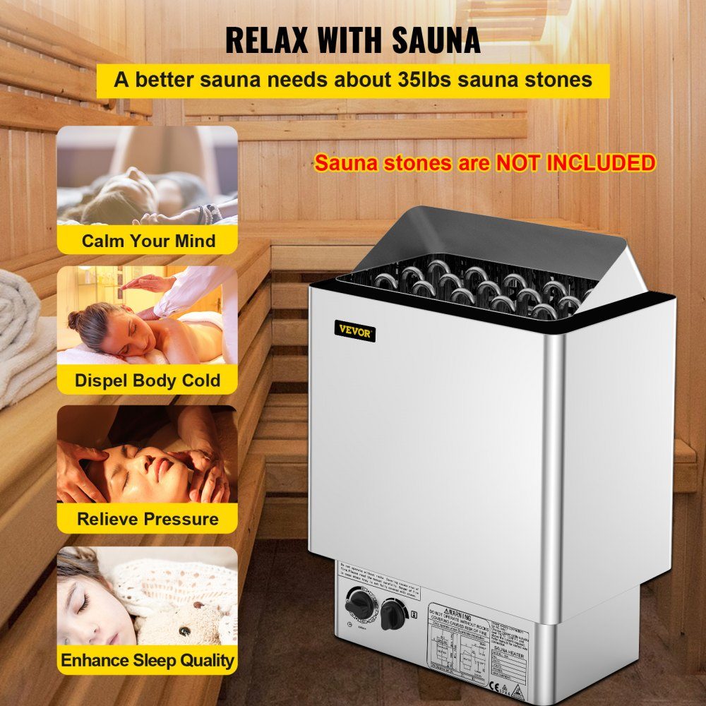 Saunaofen 9 KW, Sauna-Elektroherd 380 V - 415 V, Edelstahl-Saunaofen 20 kg Saunasteine, elektrischer Saunaofen 2 Modi (Temperatur, Zeit), für 9-13 m³ Saunaraum, 190 cm Höhe, mit Wandhalterung