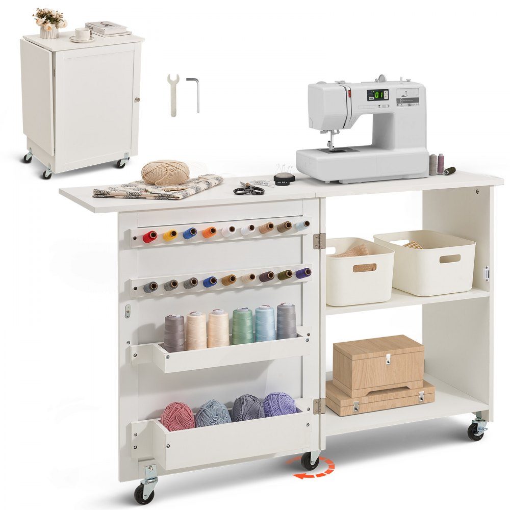 Opvouwbare naaitafel Multifunctionele naaimachinetafel met wielen en planken en opbergvakken en houten pennen en magnetische deuren, naaimachine wit (1170 x 400 x 778 mm)
