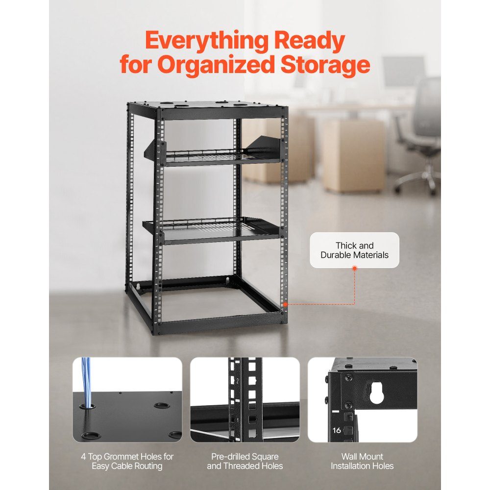 16U-Netzwerk-Rack mit offenem Rahmen, 585 mm Tiefe, Wandmontage- oder Stand-Server-Rack, 4-Pfosten-Rack mit belüfteten Regalen und Montagezubehör, für Netzwerk-IT-Geräte und AV-Geräte