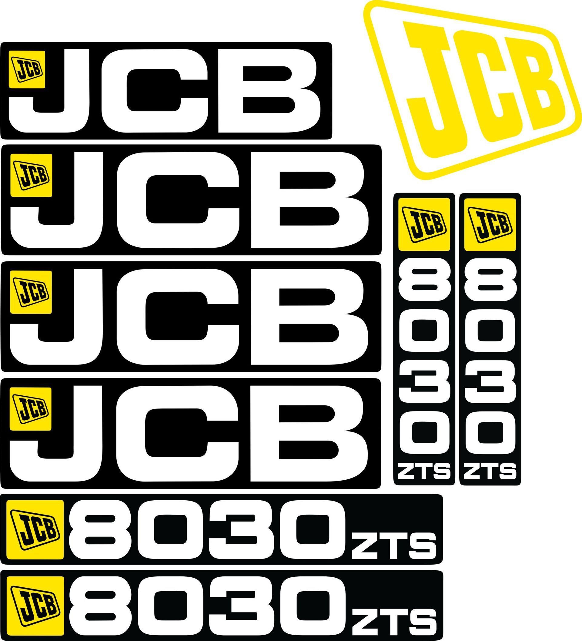 Satz Aufkleber für einen JCB 8025 ZTS, 8030 ZTS, 8032 ZTS, 8035 ZTS, 8045 ZTS, 8055 ZTS, 8085 ZTS.