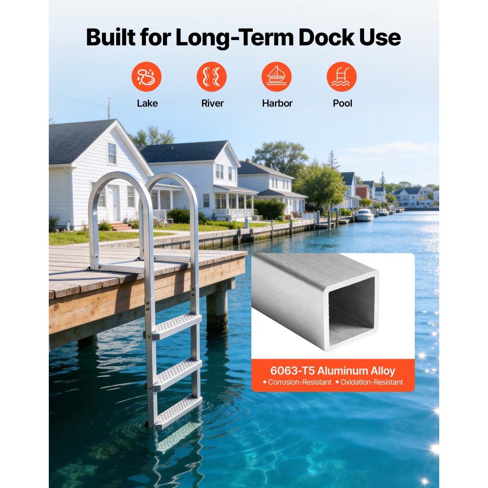 Dock Ladder Detachable, Boat Ladder with 4 Non-Slip Steps, Wide Pedals and Handrail, Pool Ladder with 500lb Load Capacity Made of Aluminum Alloy, Entry Ladder for Docks, Pools, Lakes, Boats, Silver