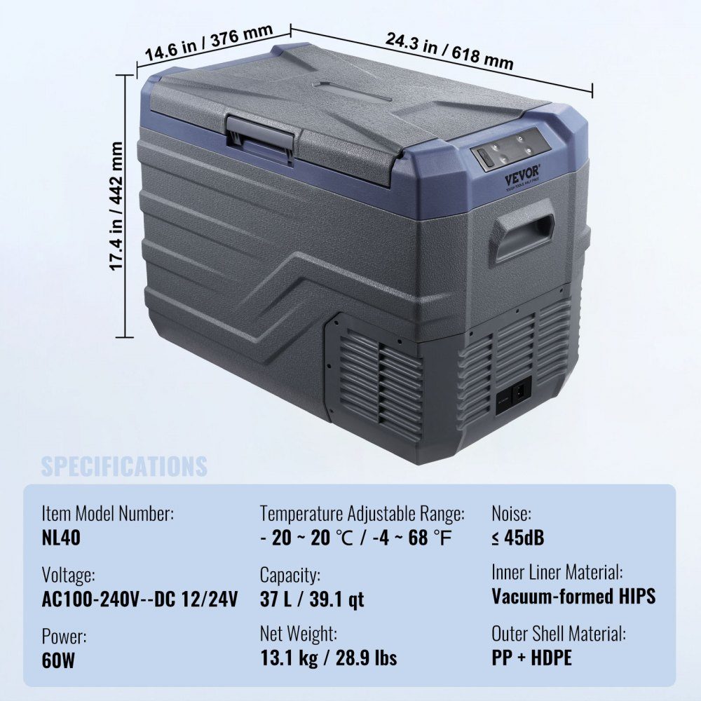 Car Fridge, 12V Car Fridge, Portable 37L Single Zone Freezer with Built-in Lighting, -20°C to 20°C, 12/24V DC and 100-240V AC Compressor Cooler for Outdoor, Camping, RV