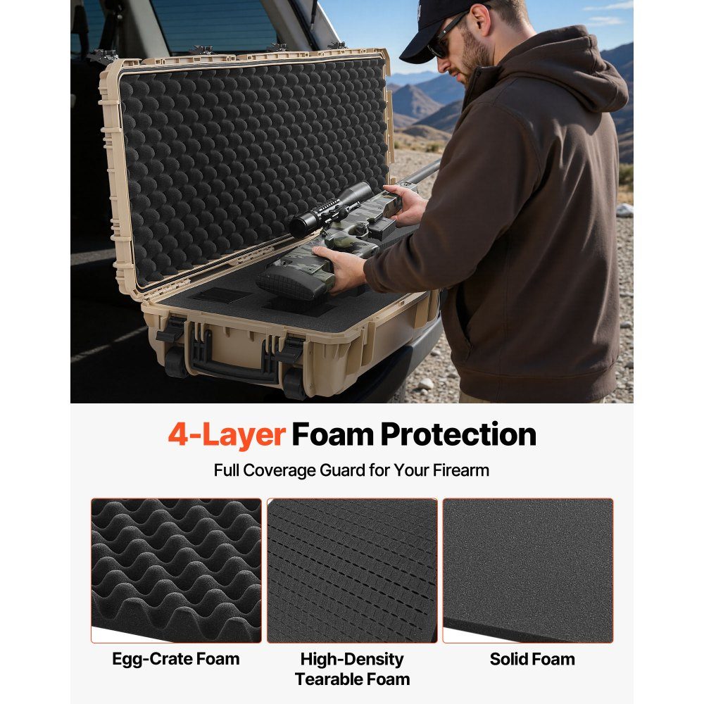 Hard Shell Gun Case for Long Guns, Lockable Gun Case with Pre-Cut Foam, Long Gun Case, Gun Storage, Rollable, IP67 Waterproof, 55" x 17" x 7.5", Khaki