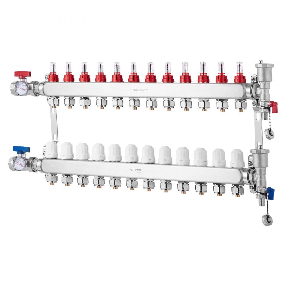 12 Branch Heat Spreader, 1/2" PEX Pipe Manifold, Stainless Steel PEX Manifold for Hydronic Underfloor Heating, Heat Distribution PEX Manifold Kit with 1/2" Adapters Included