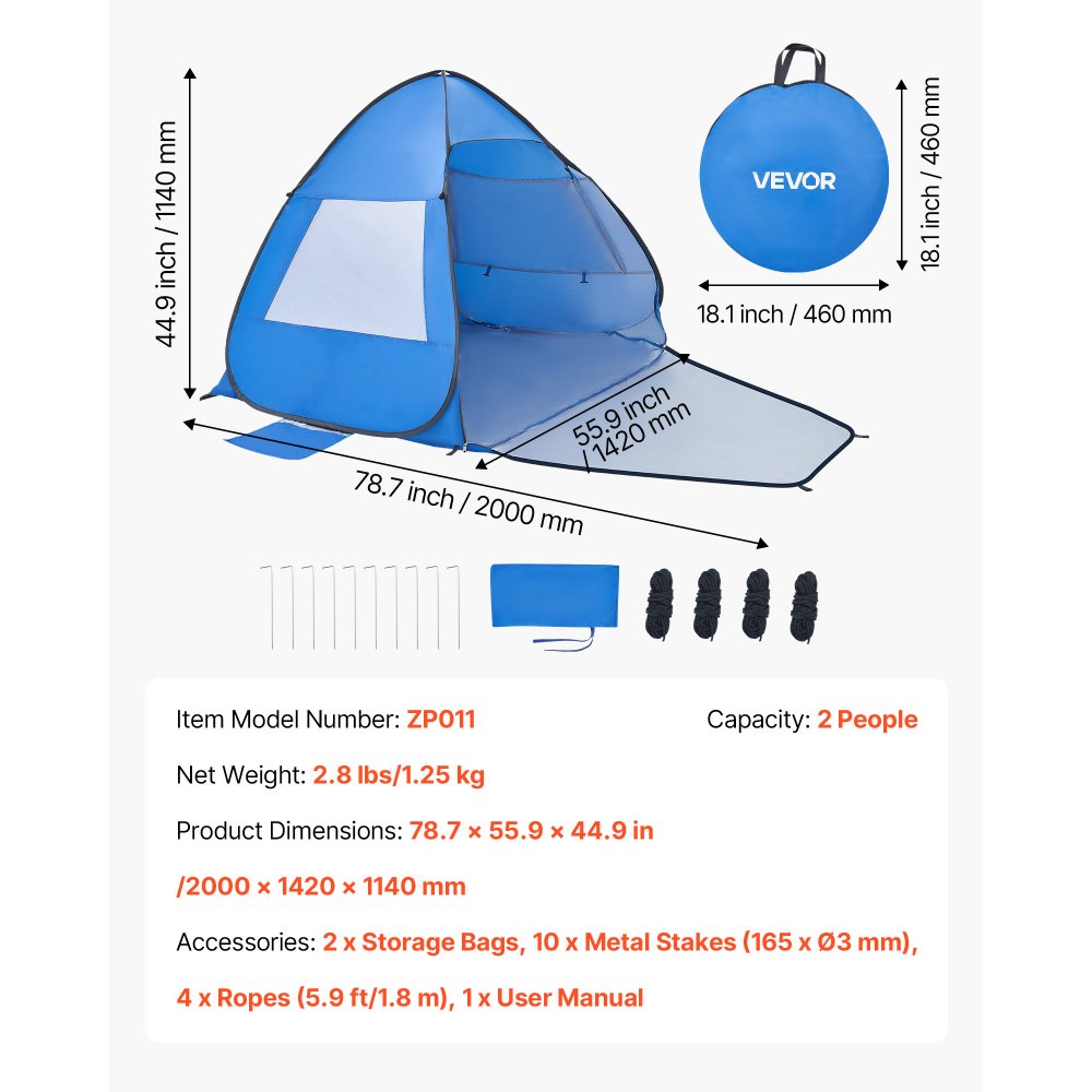 Strandtent Zonnescherm voor 2 personen, UPF 50+ bescherming, draagbare strandtent met draagtas en metalen palen, compacte strandparasol voor kamperen, vissen, picknick, zonnetent Strandtent Zonnescherm voor 2 personen, UPF 50+ bescherming, draagbare strandtent met draagtas en metalen palen, compacte strandparasol voor kamperen, vissen, picknick, zonnetent