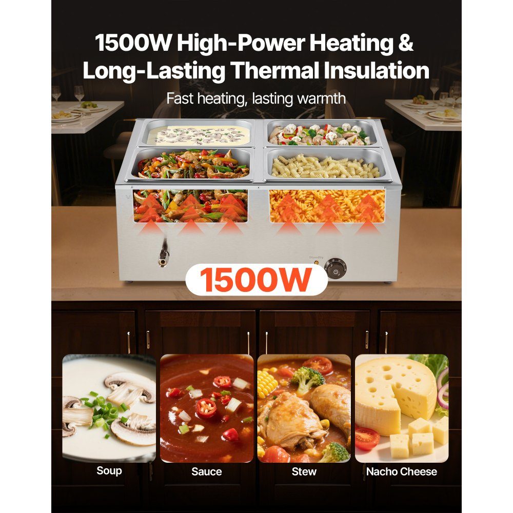 Réchauffeur de nourriture commercial (4 récipients de taille 1/2), récipient chauffant électrique en acier inoxydable de 1,5 kW avec couvercle et louche à soupe, réchauds pour restauration, restaurant, fête