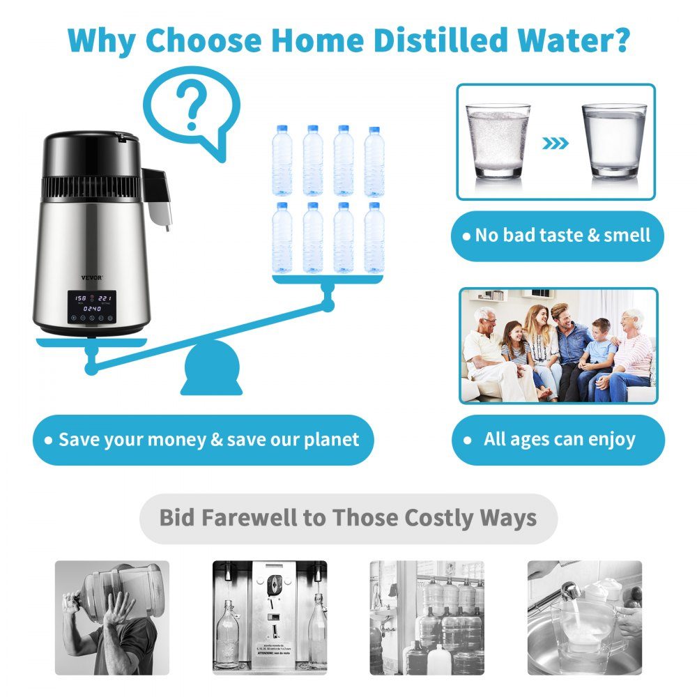Distillateur d'eau avec contrôle de température, distillateur en acier inoxydable 4 L, distillateur d'eau 1750 W, distillateur d'eau pure avec pichet en verre, 1,5 L/heure. Appareil de distillation Appareil de distillation d'eau – Réf. HT-23645
