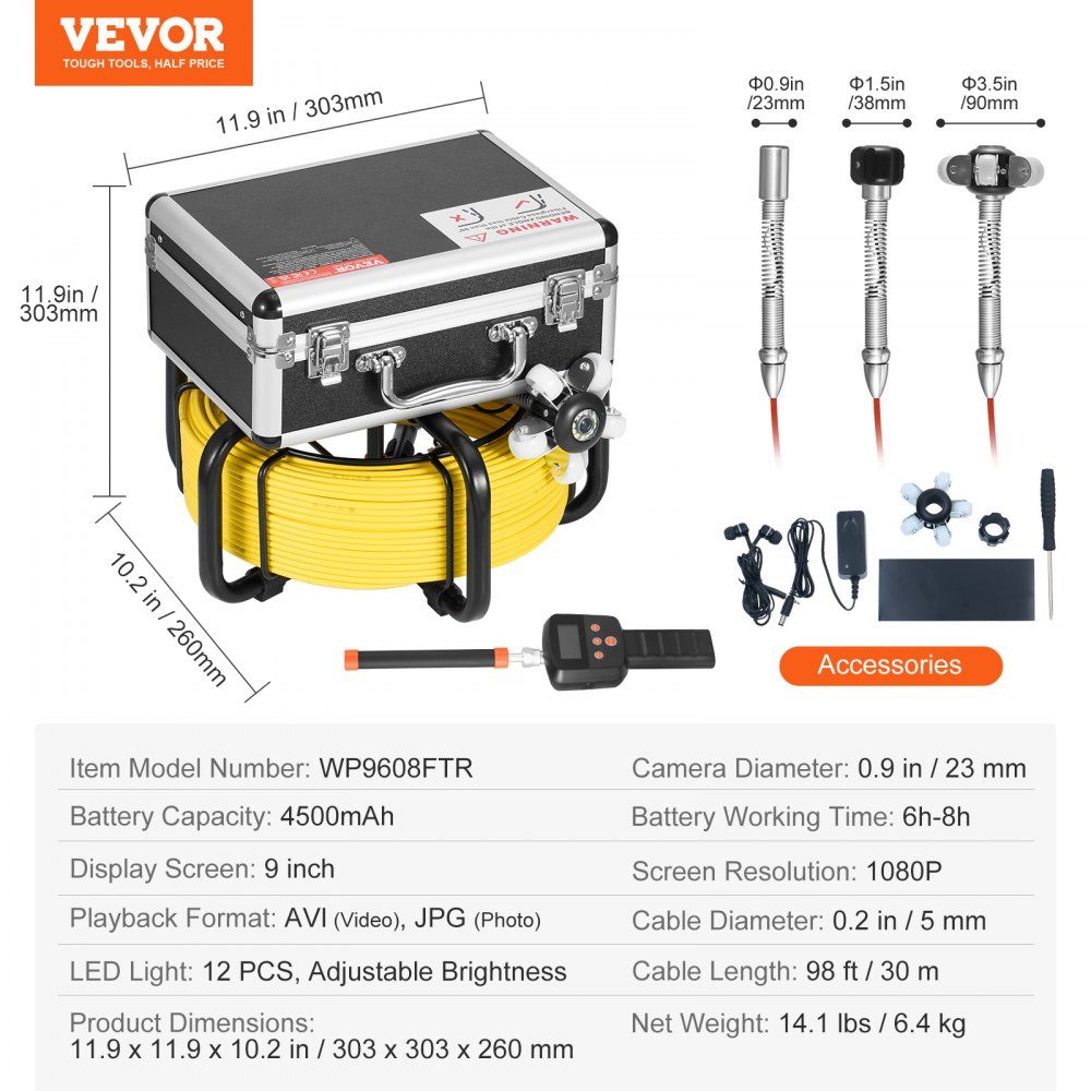 Sewer Camera mit 512-Hz- Locator, 30m Self-Leveling Pipe Inspection Camera with 9" 1080P HD Screen, 36X Zoom, Pipe Camera with 12 LEDs, 32GB SD Card, Endoscope Sewer Pipes