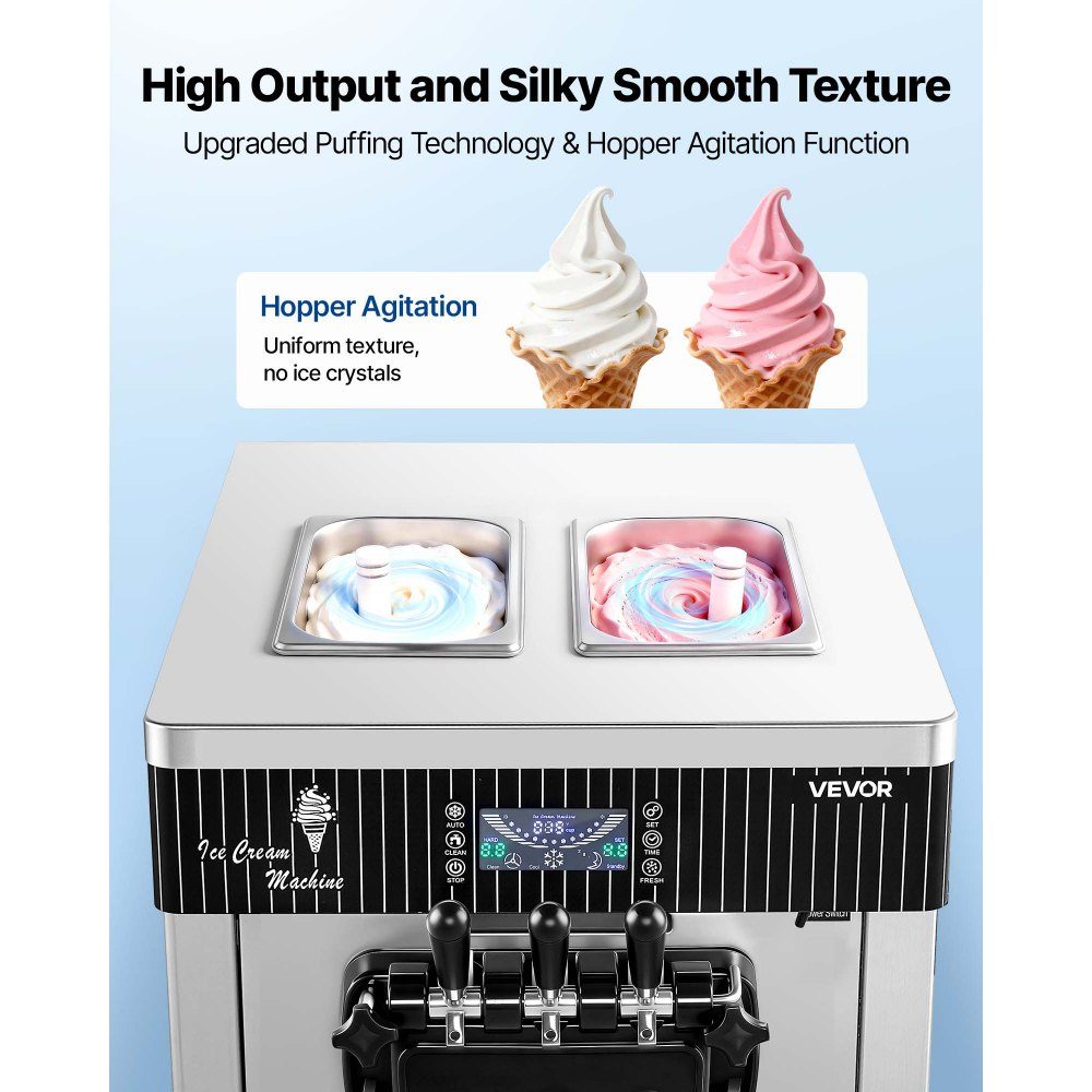Commercial ice cream machine 20-28 L/h output, soft ice cream machine 2200 W with 2 x containers (6 L), pre-cooling, self-cleaning and LED display, table device for snack bars, dessert shops and cafes, silver