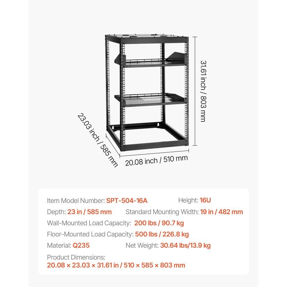 16U-Netzwerk-Rack mit offenem Rahmen, 585 mm Tiefe, Wandmontage- oder Stand-Server-Rack, 4-Pfosten-Rack mit belüfteten Regalen und Montagezubehör, für Netzwerk-IT-Geräte und AV-Geräte