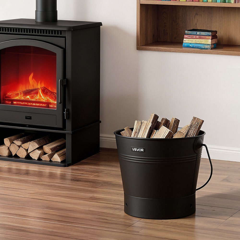 Ash bucket with lid, 4 parts. Set with coal bucket, shovel, broom and gloves, fireplace coal bucket and metal ash container, 9.8 liter capacity for fireplaces, fire pits, wood stoves