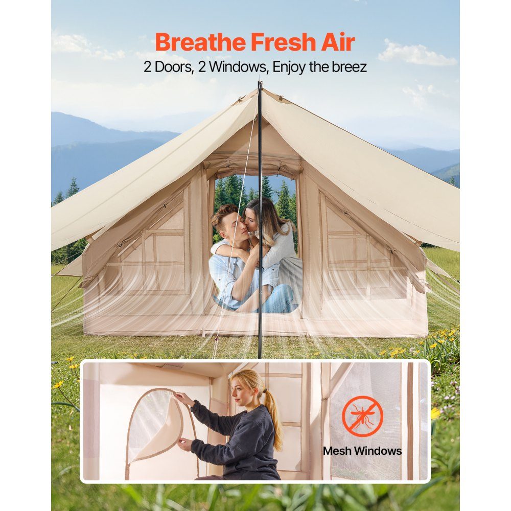 Aufblasbare Zelte für Camping, 3 x 2 x 2 m, 3–5 Personen, 300D Oxford, 4-Jahreszeiten-Glamping-Zelt mit Vordach, Handpumpe, Herdanschluss, 2 Türen und 2 Netzfenstern (Aufbewahrungstasche im Lieferumfang enthalten)