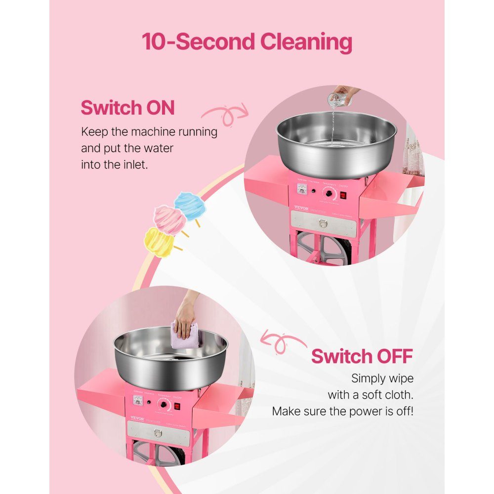 Machine à barbe à papa électrique, machine à barbe à papa commerciale avec chariot (1000 W), avec bol en acier inoxydable de 52 cm, cuillère à sucre et tiroir, parfaite pour les anniversaires d'enfants, les réunions de famille, rose