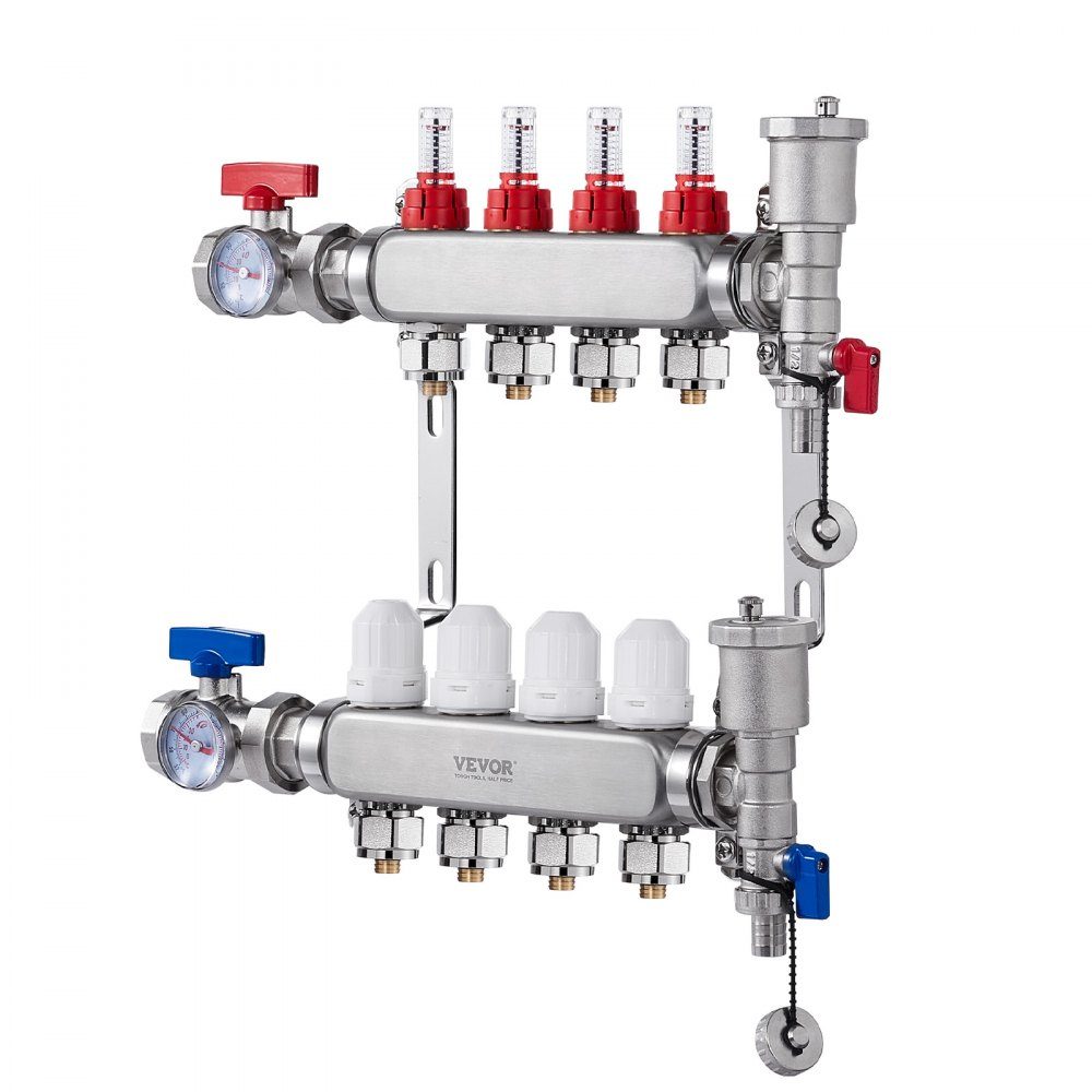 4 Branch Heat Spreader, 1/2" PEX Pipe Manifold, Stainless Steel PEX Manifold for Hydronic Underfloor Heating, Heat Distribution PEX Manifold Kit with 1/2" Adapters Included