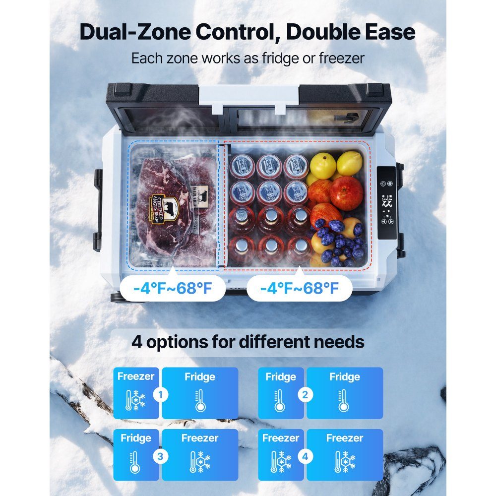 Compressor Cooler 12/24V DC 100-240V AC, Car Fridge 45L with App Control & Wheels & 2 Temperature Zones (-20°C to 20°C), Portable Fridge for RV, Boat, Camping, Fishing