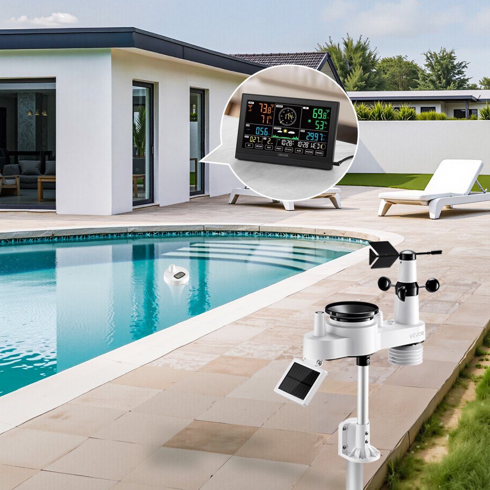 7-in-1 WiFi-weerstation met APP, 7,5-inch display, buitensensor op zonne-energie, met zwembadthermometer, regenmeter, weercentrum voor weersvoorspelling, windsnelheid, zwembadtemperatuur
