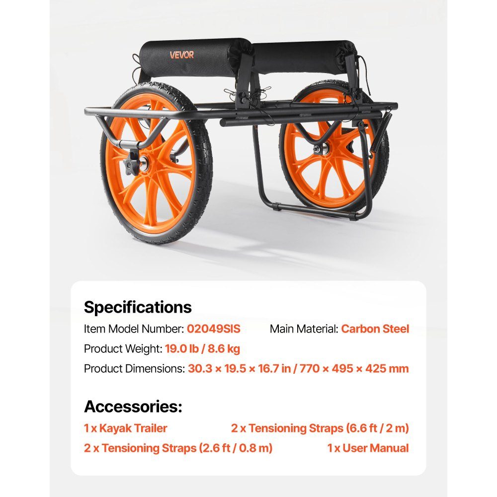 Kayak Trolley 150kg Canoe Trolley with 15" Solid Tires and Tie Down Strap Boat Trolley for Transporting Kayaks Canoes Paddleboards Jon Boats Water Sports Equipment 770 x 495 x 425mm