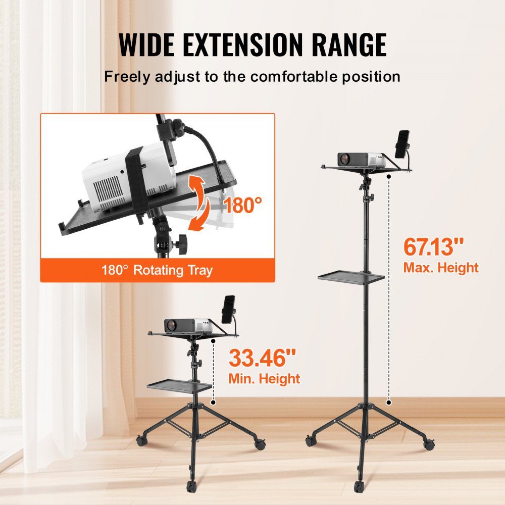 Projectorstandaard met wielen, laptopstandaard, statief, in hoogte verstelbaar van 795 tot 1710 mm, projectorstatief met 2 planken en zwanenhals telefoonhouder, buiten/kantoor/studio, thuis