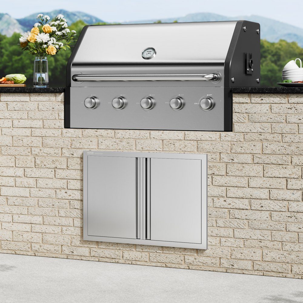 Porte d'accès au gril 774x532mm Double porte de cuisine extérieure encastrée en acier inoxydable, porte murale verticale avec poignées rétractables pour Grill Island Grill Station armoire extérieure
