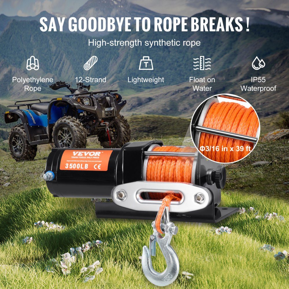 Treuil électrique, capacité de traction de 3 500 lb, treuil 12 V DC ATV/UTV avec corde synthétique Φ 3/16" x 39 pieds 12 brins, guide-câble en aluminium, télécommande filaire, étanche IP55 pour remorquage UTV, ATV, bateau – Réf. HT-22372