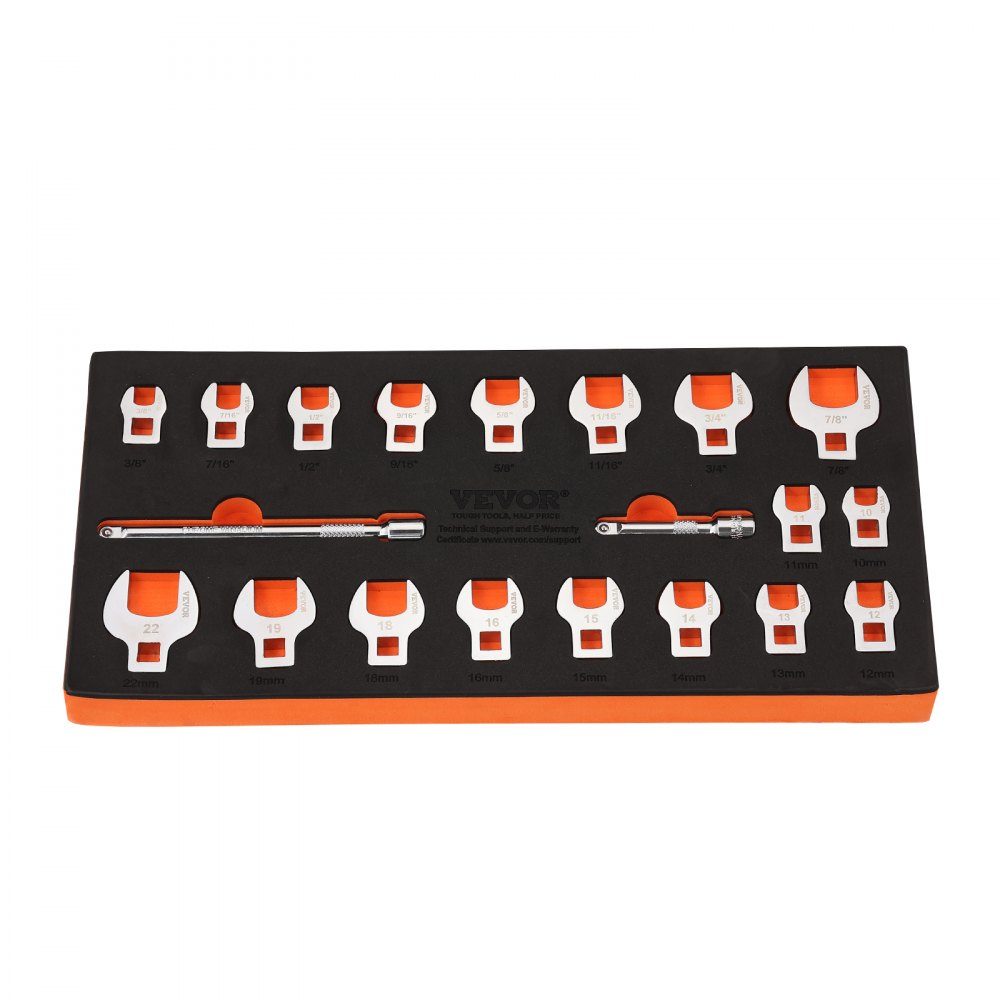 Crowfoot Wrench Set, 9.525mm Drive, 20 Piece Crowfoot Wrench Set with 2 Extension Bars and EVA Tool Organizer, SAE 3/8-2.22cm and Metric 10-22mm, 40CR Material