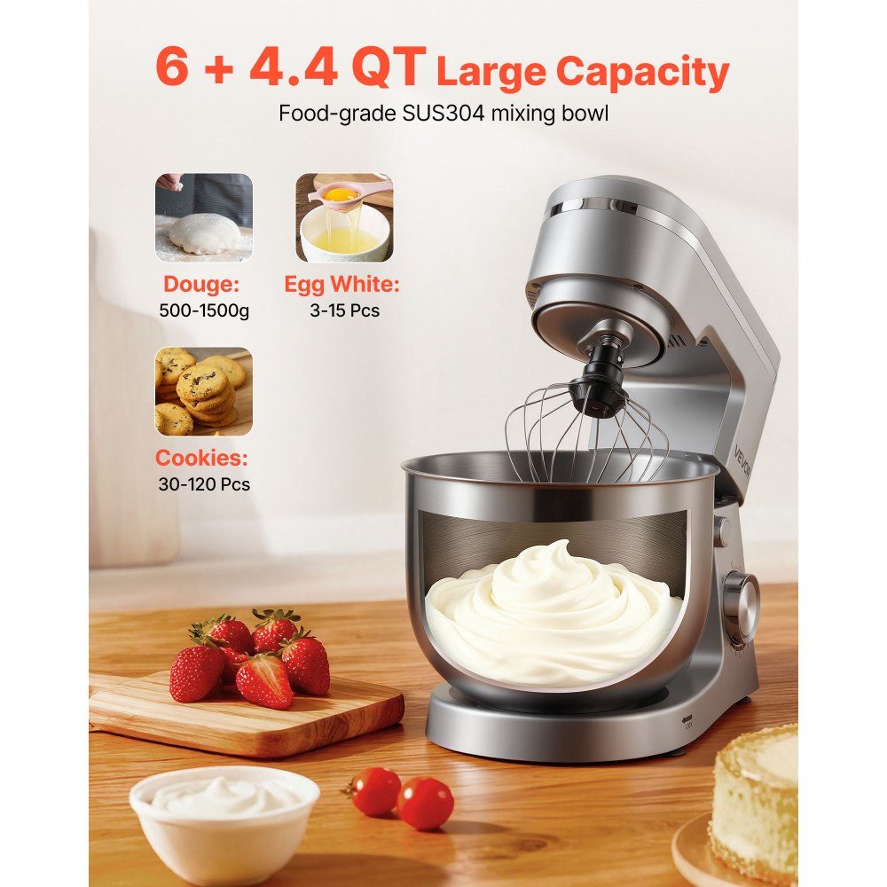 Knetmaschine Küchenmaschine zum Backen, 1500-W-Teigmaschine mit Edelstahlschüssel (5,7 l) & Knethaken & Rührbesen & Schneebesen, 10-Gang-verstellbarer Kippmixer Standmixer