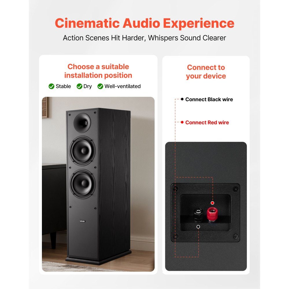 Passive floorstanding speaker pair, 2-way, with 1" tweeter, two 6.5" woofers, 400W peak power, 65Hz-20kHz frequency response, robust MDF housing, for home audio, pair