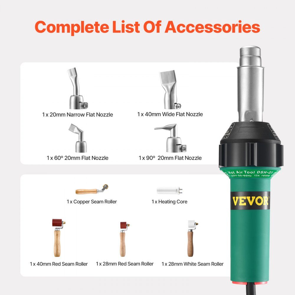 Plastic heteluchtlasapparaat, 1600 W heteluchtpistool, 50-600 ° C PVC TPO vinyl lasbrander, heteluchtlasapparaat met 9 accessoires - 4 mondstukken en 4 naadrollen voor PP/PE/PVC-platen