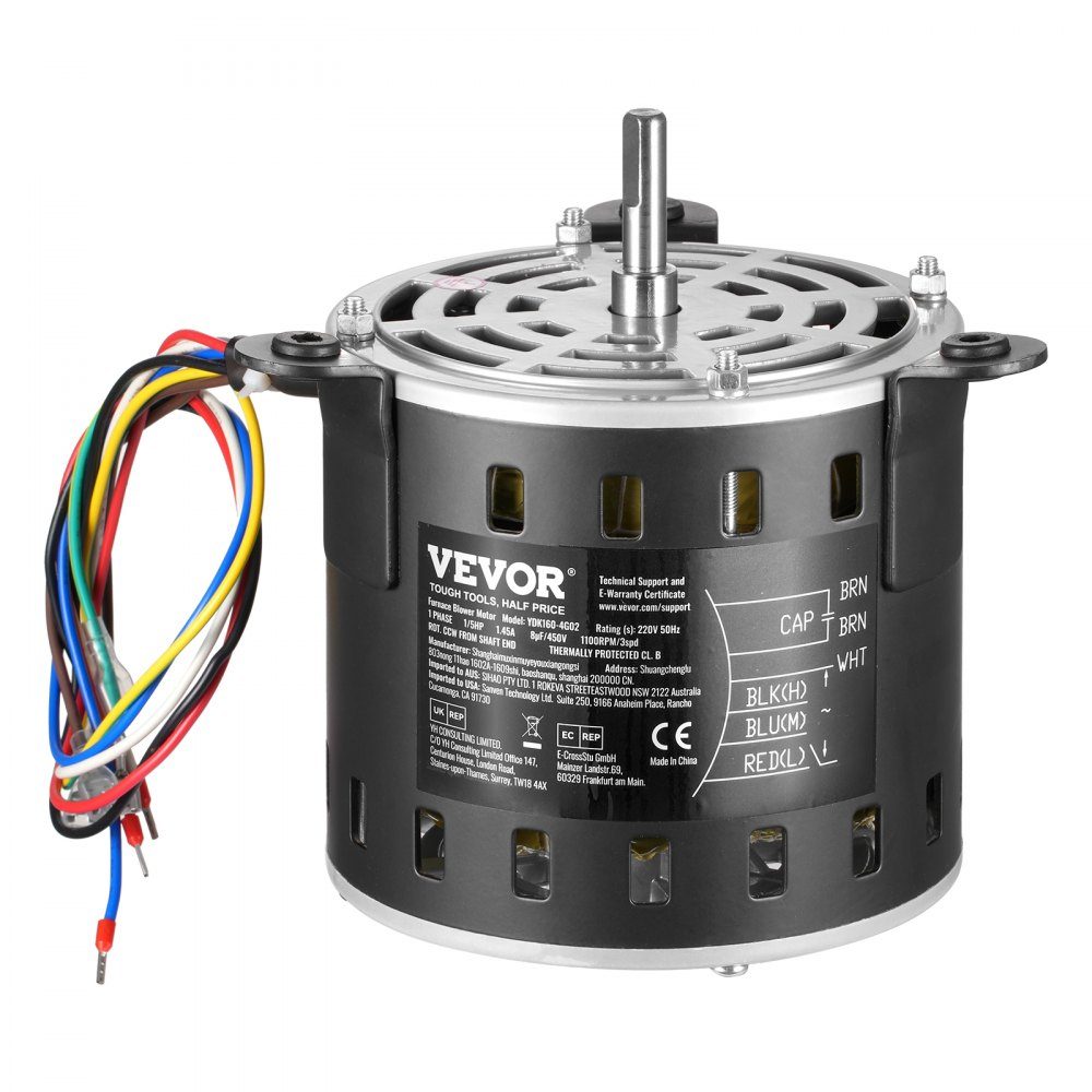 1/5 HP Blower Motor, 220V, 1.45 Amp, 3 Speeds (700/900/1100 RPM), 10mm Shaft Diameter, 20mm Shaft, RED. CCW from shaft end, including CBB60 8 μF / 450 V capacitor