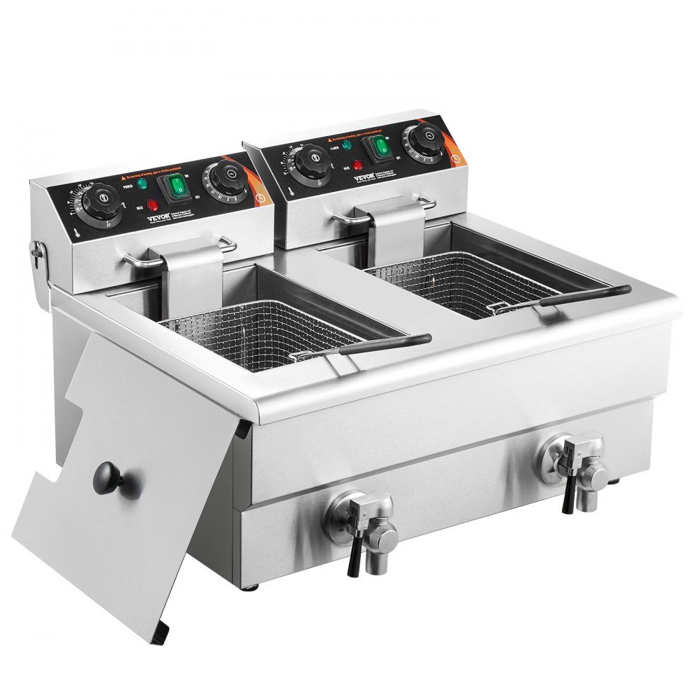 Commerciële friteuse 2 x 8L, 3KW elektrische aanrechtfriteuse met dubbele tank en mand, roestvrijstalen dubbele oliefriteuse, tijd- en temperatuurregeling, voor keukenrestaurants