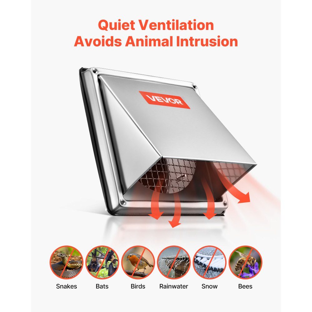 Ventilation grille made of stainless steel, 162x162x121mm, exhaust hood, weather protection grille, weather protection hood, exhaust grille with integrated protective grille, for home, bathroom, garage, kitchen, basement (silver)