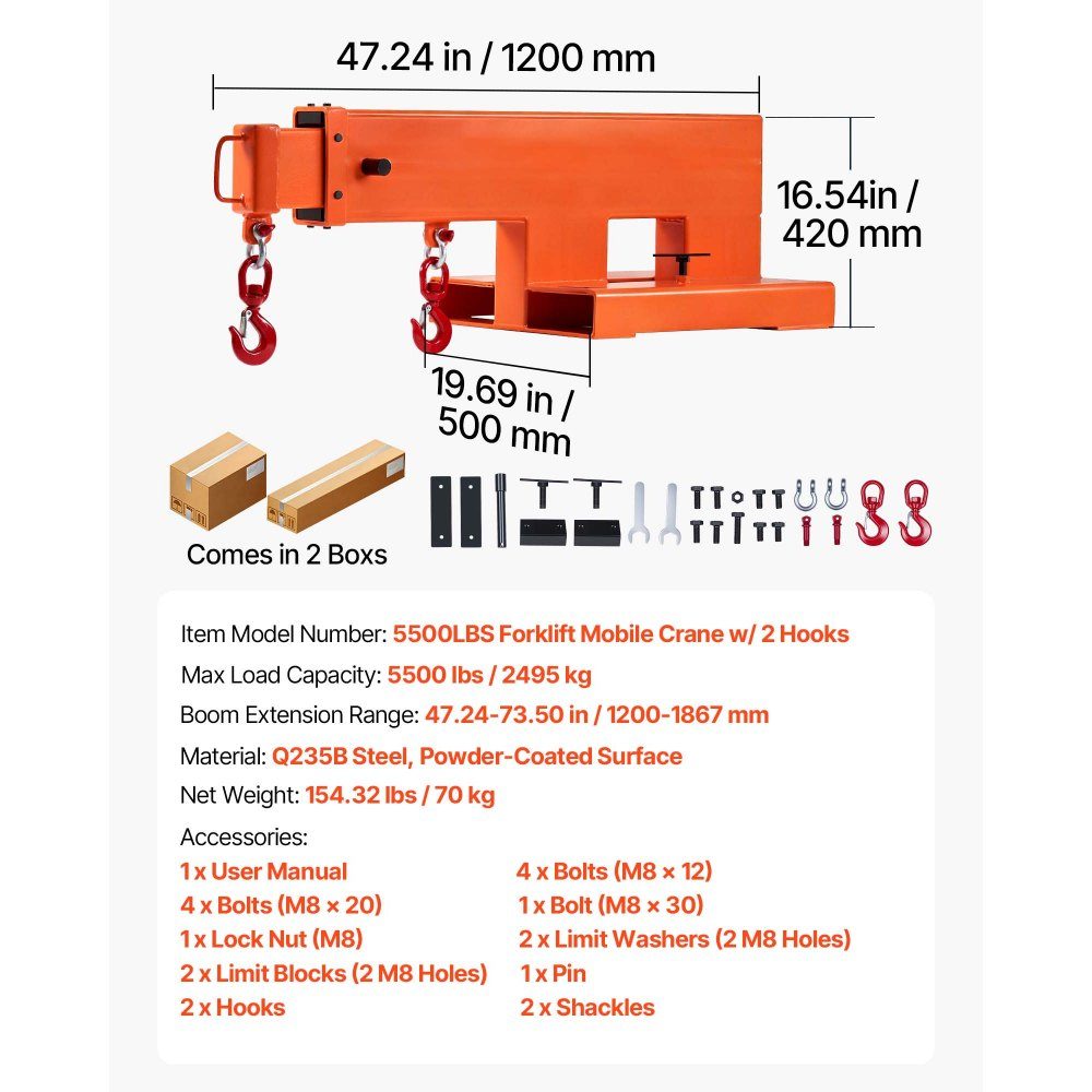 Kranarm für Gabelstapler 2495 kg, Gabelstapler-Lastarm mit 2 360°-Schwenkhaken, manueller 3-stufiger Teleskoparm für 1200–1867 mm Ausfahrbereich, Gabelstaplerkranzubehör für Baustellen-Fabriklager