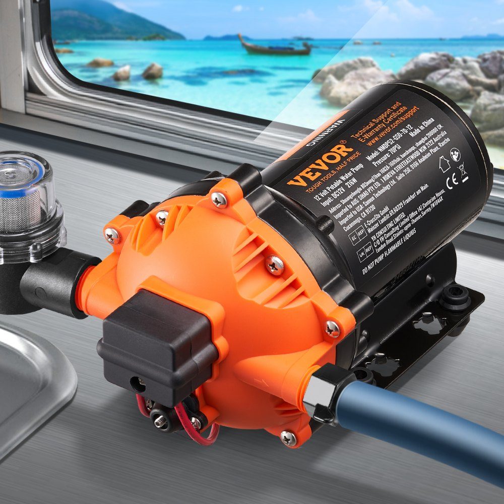 12-V-Membranpumpe, 18,93 l/min, 5-Kammer-Gleichstrom-Wasserpumpe mit automatischem Druckschalter, 40–100 PSI, verstellbar, 70 PSI, 1/2 Zoll MNPT-Anschluss für Wohnmobil, Yacht, Food Truck, Camper, Marine