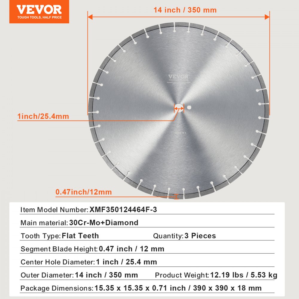 3 Stück Diamantsägeblätter, Betonsägeblätter, 35 cm für Nass- oder Trockenarbeiten, 12 mm Diamant-Segmentsägeblätter mit flachen Zähnen, Mittellochdurchmesser 25,4 mm, für Beton, Zementplatten, Fliesen 3 Stück Diamantsägeblätter, Betonsägeblätter, 35 cm für Nass- oder Trockenarbeiten, 12 mm Diamant-Segmentsägeblätter mit flachen Zähnen, Mittellochdurchmesser 25,4 mm, für Beton, Zementplatten, Fliesen