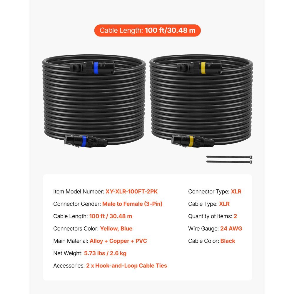 XLR Cable 30.5m 2 Pack Balanced DMX Microphone Cable (Male to Female) Gold Plated 3 Pin XLR Microphone Speaker Cable for Stage Lighting, Microphones, Amplifiers, Mixers