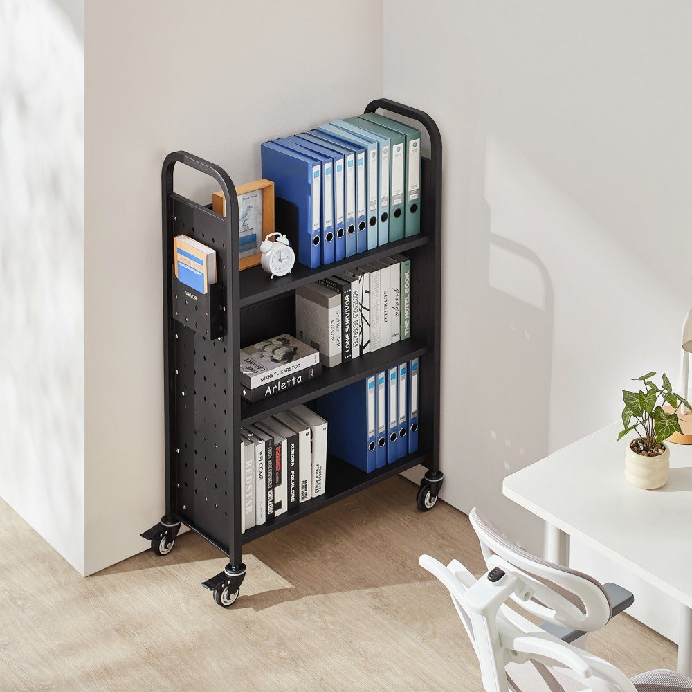 Bücherwagen, 150 kg Tragkraft, Bibliothekswagen, 77 x 38 x 122 cm, einseitiges L-förmiges Bücherregal mit Doppelbremsrädern, Bücherregalwagen für Wohnzimmer, Büro, Schule, Schwarz