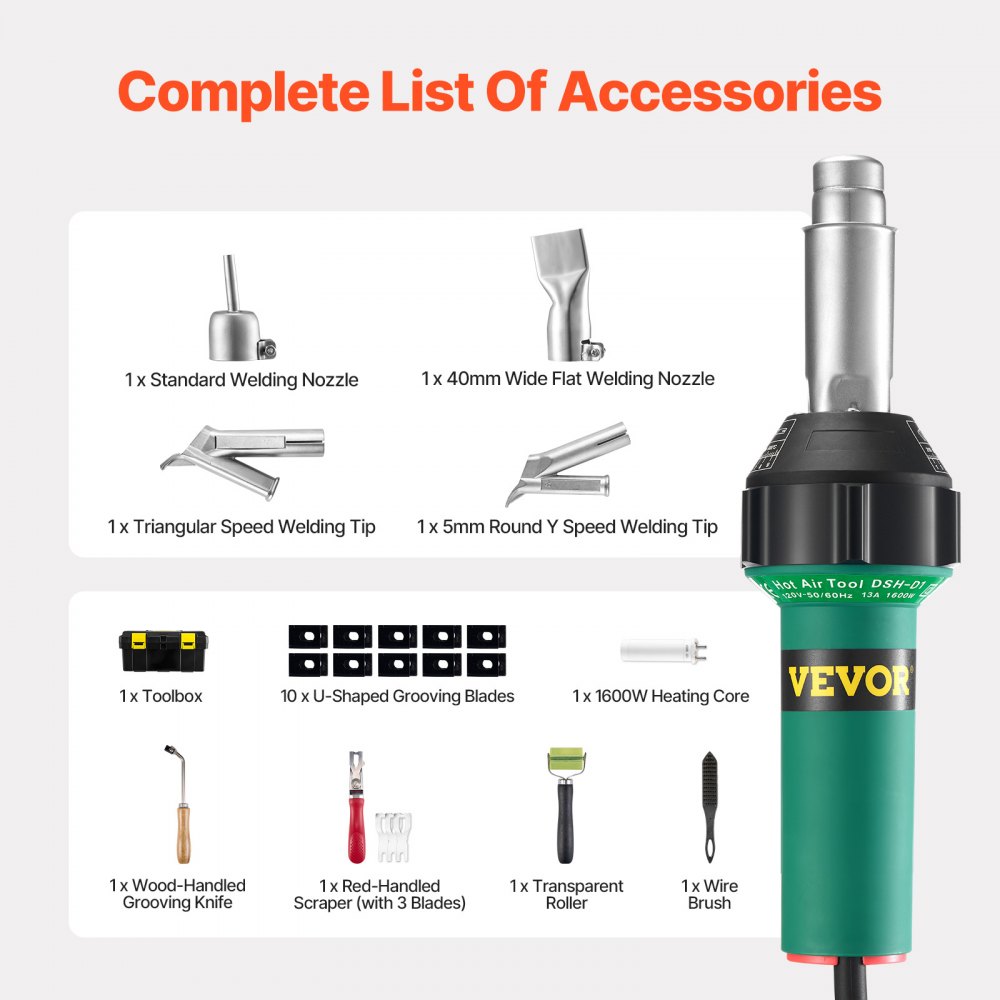 Hetelucht-kunststoflasapparaat, 1600 W heteluchtpistool, 50-600 ° C PVC TPO-vinyllasbrander, heteluchtlasapparaatset met 11 accessoires - gereedschapskist, mondstuk, roller, messen voor PP/PE/PVC Hetelucht-kunststoflasapparaat, 1600 W heteluchtpistool, 50-600 ° C PVC TPO-vinyllasbrander, heteluchtlasapparaatset met 11 accessoires - gereedschapskist, mondstuk, roller, messen voor PP/PE/PVC