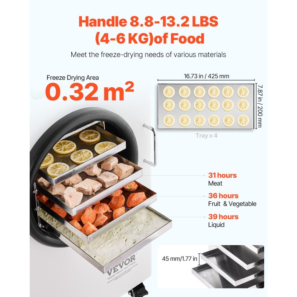 Freeze Dryer Freeze Drying Machine Drying Equipment (4-6kg Capacity) for Food with 4 Layer Trays and Adjustable Temperature and Time, for Fruit White