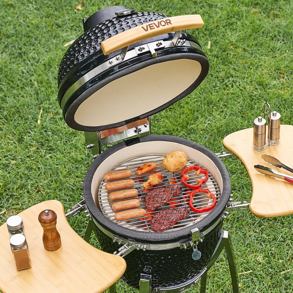 Kamado-Grill, Keramikgrill, Smoker Ø 450 mm, mit Holzgriffen, Seitenablagen, Metallständer mit Rädern & Thermometer bis 400°C, oberer & unterer Luftstrom, zum BBQ, Grillen, Kochen & Backen im Freien