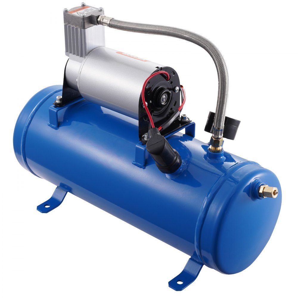 Compresseur d'air 12 V avec réservoir 6 L, kit de compresseur d'air pour klaxon de train, pression de fonctionnement 90-120 psi, système de compresseur d'air intégré pour klaxons d'air de train, gonflage de pneus, camions, SUV, etc. Bleu